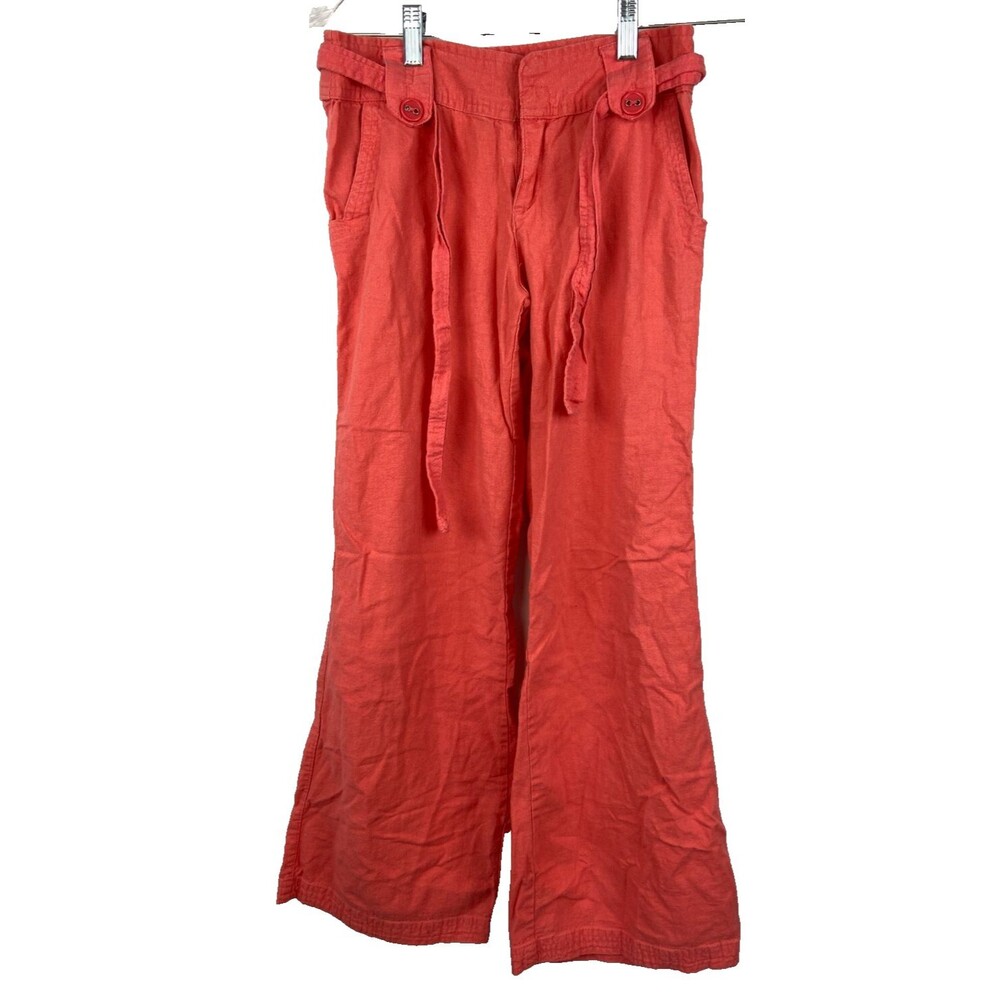 Body Central Women's Small 100% Linen Flare Pants  Coral Tie Belt Coquette Party